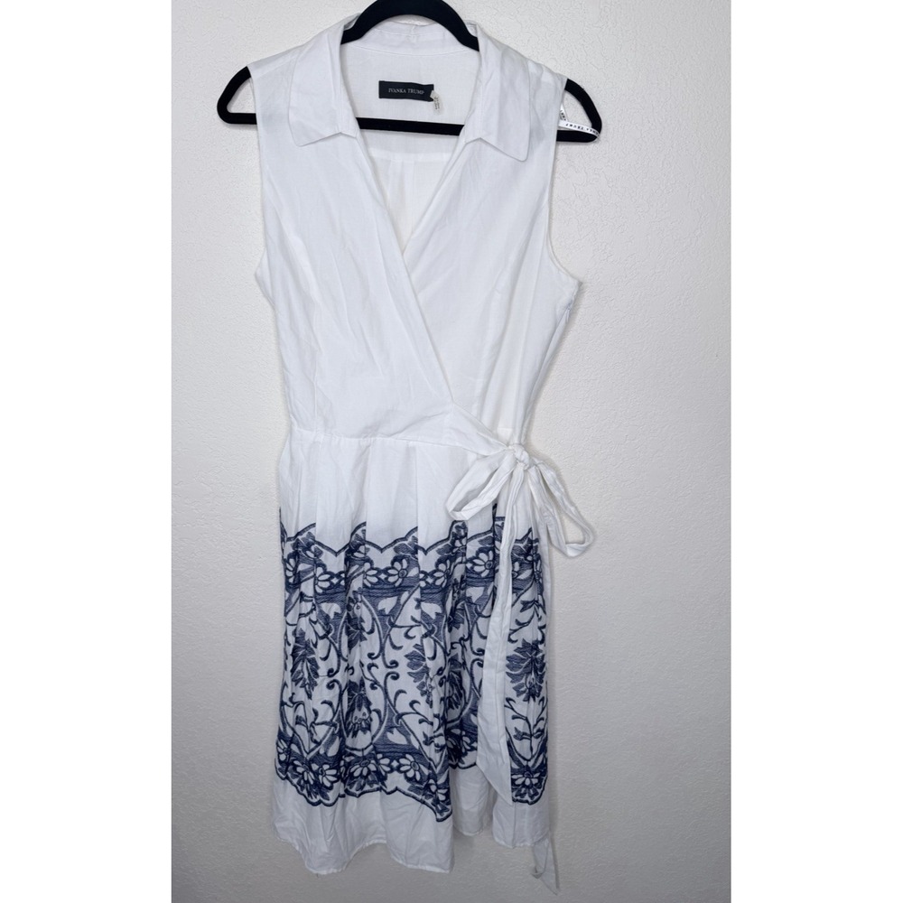 Ivanka Trump Midi Faux Wrap Dress Womens Size 12 Embroidered Cotton Spring‎